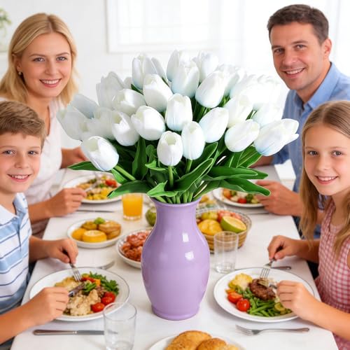 20Pcs White Artificial Tulips Flowers - 13.5" Tall Real Touch Fake Tulips for Spring Home Decor Wedding Centerpiece DIY Bouquet & Outdoor Garden Decoration