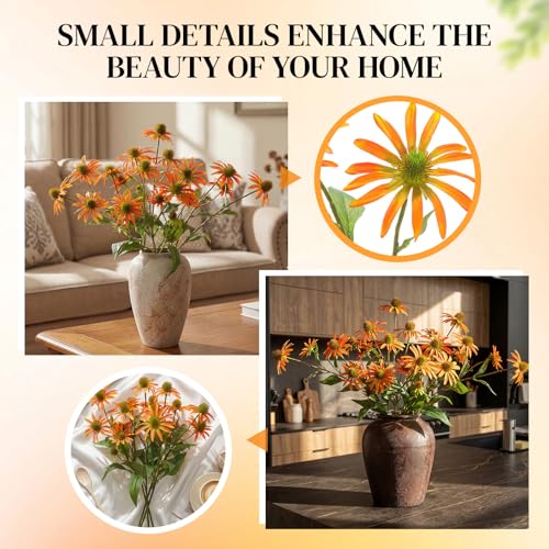Knitgrip Orange 4 Pcs Artificial Coneflowers Stems 29 Inch Faux Echinacea Flowers Branch Realistic Farmhouse Fake Sunflower Floral Bouquet for Home Centerpiece Arrangement Indoor Outdoor Decor - color: Orange