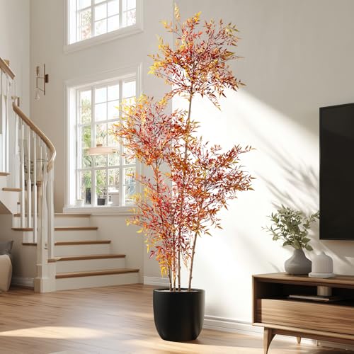Big Artificial Tree Large Fake Nandina Trees Plastic plantas Indoor Outdoor Realistic Floor Plants Faux Bamboo Plant for Home Living Room Corner Office Patio Porch Bonsai Decor Housewarming Gift - color: Red, size: 6ft 7in