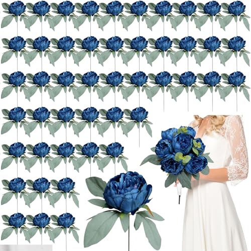 50Pcs Artificial Peonies Flowers Bulk, 4’’ Navy Blue Fake Peonies Silk Flowers Heads for Table, Faux Peony Arrangements for Wedding, Valentine, Engagement, Party, Coffee, Dining Decorations - color: Navy Blue