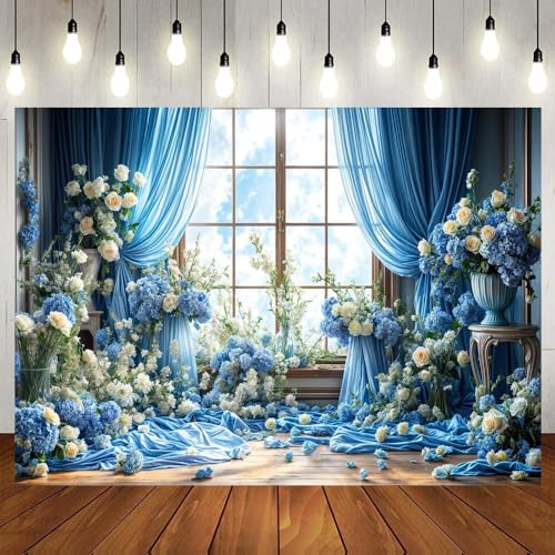 White Rose Floral Blossoms Backdrop Bridal Wedding Flowers Background Anniversary Ceremony Cake Smash Wedding Theme Party Decoration Valentine Kids Adults Woman Mom Photo Backdrop(Blue-2, 7x5feet) - color: Blue-2, size: 7x5feet