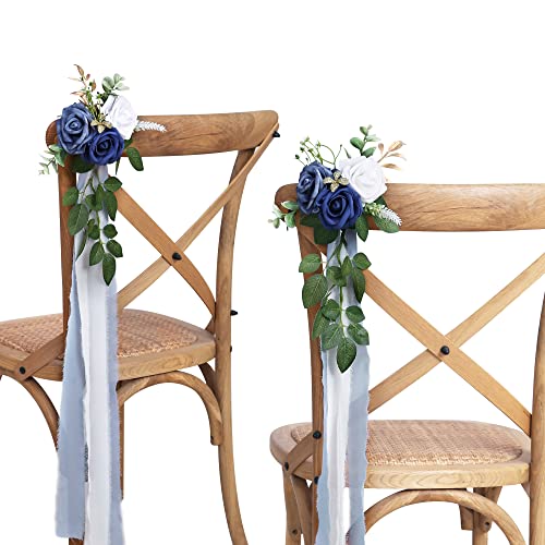 Wedding Aisle Decorations for Wedding Ceremony Set of 10 Pew Flowers for Church Chair Decorations Party Decor with Artificial Flowers Eucalyptus and Ribbons Blue - color: Blue