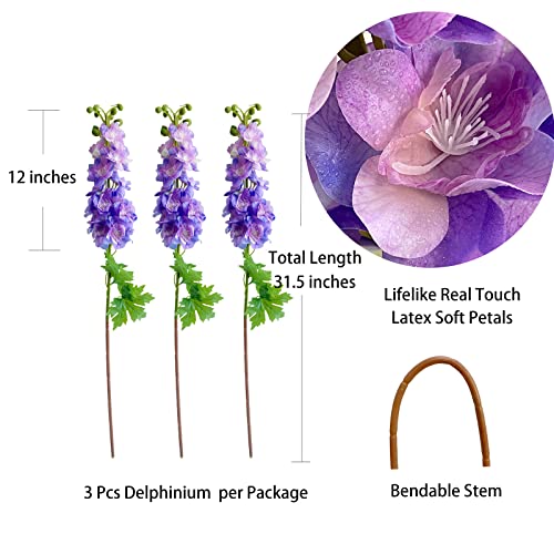 YalzoneMet 3pcs Purple Delphinium Artificial Flower 31.5'' Long Stem Fake Larkspur Lifelike Real Touch Delphinium Latex Flower for Tall Vase Home Table Decor Wedding Flower Arrangement Decoration - color: Purple