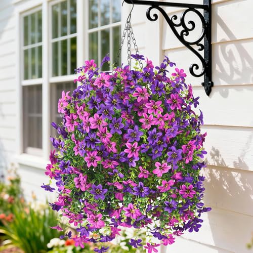 Artificial Hanging Baskets Outdoor, 4 Bundles Artificial Hanging Flowers Outdoors Spring Summer Decoration, No Fade Realistic Fake Hanging Baskets for Porch Patio Balcony Home Yard Decor - color: Double Purple