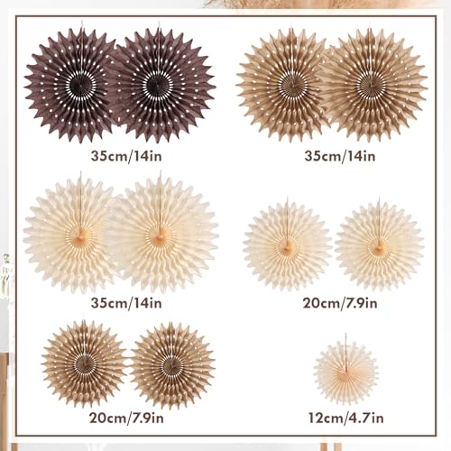 PAPER JAZZ 11 Pcs Brown Party Decorations Neutral Party Decorations Boho Themed Decoration for Western Party Honeycomb Paper Fans Rustic Baby Shower Birthday Wedding Graduation Party Supplies - color: Beige Braun