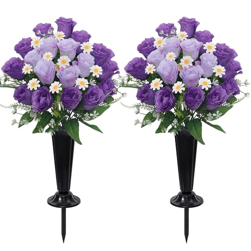 Wocst Artificial Cemetery Flowers for Grave Memorial Day Flowers for Cemetery,2Pack Artificial Silk Roses Daisy Bouquets with Cemetery Vases for Outdoor Grave Decorations ﻿ (Purple) - color: Purple
