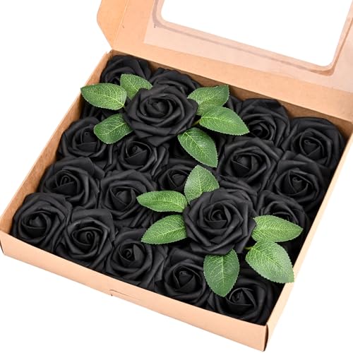 25 Pcs Artificial Flowers Fake Rose with Stems - Black Real Touch Foam Roses for DIY Wedding Bouquet Bridal Shower Cake Toppers Centerpiece Table Valentines Day Decorations - color: Black, size: 25Pcs