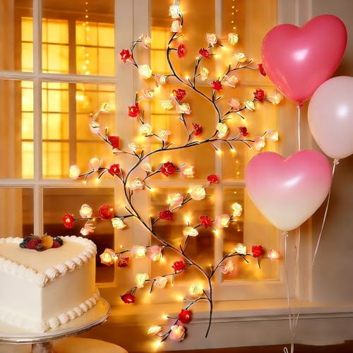 Rose LED Tree Branch Lights for Wall,Rose Blossom Vine Lights Decor with 72 LED Flower String Lights and USB Powered, 8 Lighting Modes for Indoor Window Wedding Valentine's Day Decor (63 in) - size: 63in, style: Rose