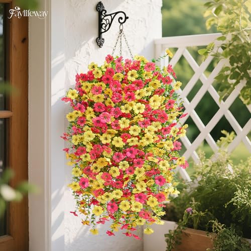 Artificial Hanging Flowers for Outdoors Spring Summer Decoration, 8PCS UV Resistant Silk Fake Hanging Plants for Patio Porch Front Yard Window Garden Indoor Decor(Hot Pink&Yellow,8PCS) - color: Hot Pink&yellow, size: 8PCS