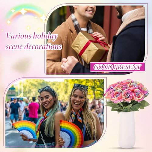 Hotop 20 Pcs Artificial Rose Flowers with Long Stem,Real Lifelike Silk Realistic Plastic Bouquet Roses Bulk for Home Decor Bridal Wedding Party Table Centerpieces Decorations(Rainbow) - color: Rainbow