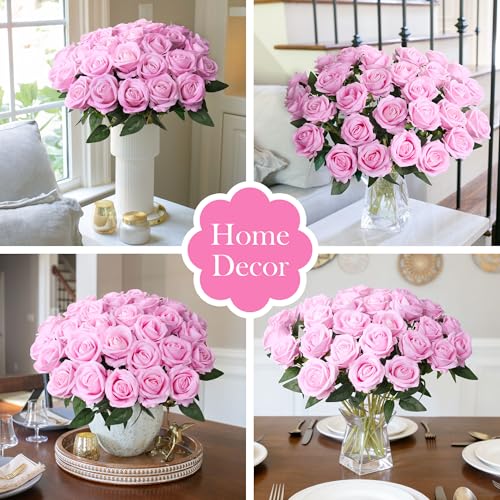 50 PCS Pink Roses Artificial Flowers, Real Looking Fake Roses with Long Stems Silk Flowers for DIY Wedding Bouquet Party Celebration Home Bridal Shower Decoration Valentine's Day Gift for Her Wife - color: Pink