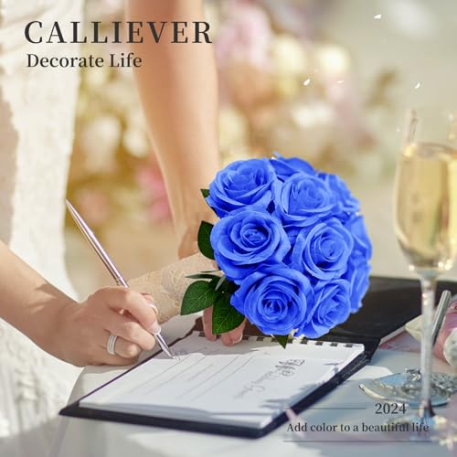 12pcs Rose Artificial Flowers, Fake Rose Silk Flower Bouquet, Faux Roses with Stems - 50cm, Roses Decor for Wedding & Home Decoration (Blue) - color: Blue