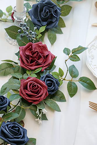 PONATIA 5FT Handcrafted Artificial Rose Flower Garland, Burgundy Flower Garland for Wedding Ceremony Garlands Backdrop Arch Flowers, Ceremony Reception Table Decorations (Burgundy & Navy) - color: Burgundy Navy