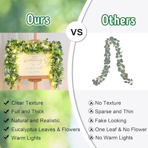 4Pcs Eucalyptus Garland with Lights, Greenery Garland, Green Garland with Flowers, 5.9FT Artificial Faux Eucalyptus Leaves Vines for Table Mantle Home Wedding Party Indoor Outdoor Decor - color: Eucalyptus Garland With Lights, size: 4Pcs
