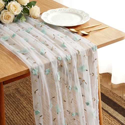 Embroidery Floral Table Runner Rustic Spring Summer Wildflower Tulle Table Runner Vintage Flower Kitchen Dining Tabletop Runners Decoration for Home Wedding Party, 108x24.5 Inch (Green Flowers) - color: Green Flowers, size: 108*24.5 inch