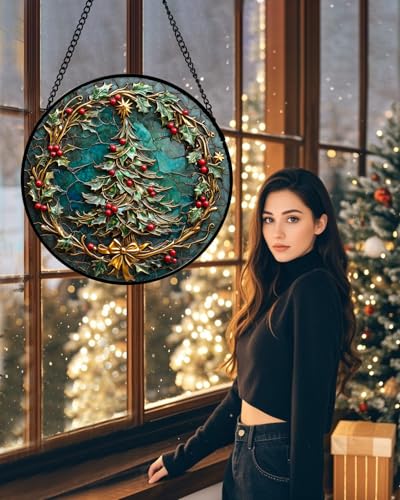 DASTOLL Stained Glass Window Hangings - Red Gold Green Wreath Suncatcher for Door Home Christmas Tree Decoration Sun Catcher Thanksgiving New Year Birthday Gift for Women Men Mom Grandma 15 in - color: Cyan, size: 14.9x14.9 IN