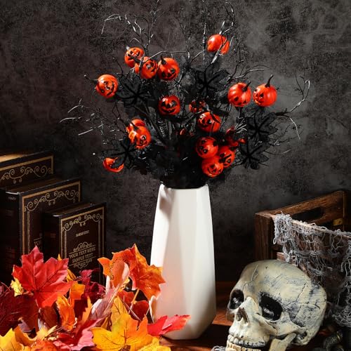 Thiccywoov 12 Pcs Halloween Floral Picks, 22" Artificial Halloween Flowers Pumpkin Flower Arrangements Spooky Gothic Pumpkin Decor for Vase Table Centerpieces DIY Haunted House Party Indoor Outdoor