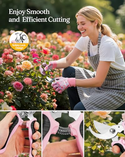 Grenebo 12-Piece Gardening Tools Set, Floral Print Garden Tool Set Gift, Rust-Proof & Heavy-Duty Trowel, Rake, Weeder, Pruner with Hard Case, Gardening Gifts for Women, Mom & Plant Lovers (Pink) - color: Pink