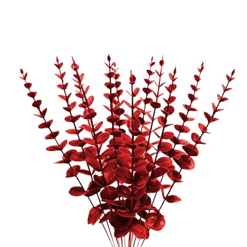 ABAJI Plastic Eucalyptus Wine Red Stems 12 PCS Fake Faux Decorations with Artificial Leaves Greenery Plant Leaf Suitable Home Office House Table Desk Decor Wedding Party Vase Forever Live - color: Wine Red
