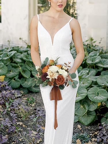 Rinlong Terracotta Bridesmaid Bouquet, Fall Wedding Bouquets | Burnt Orange Silk Bridal Bouquet, Prom, Homecoming, Destination Friendly - color: 01-terracotta & Green