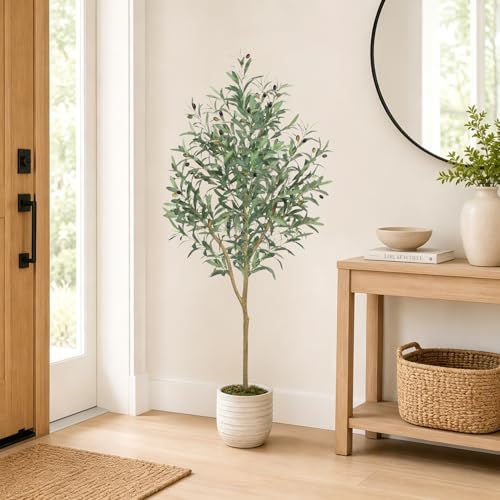 Olive Trees Artificial Indoor, 5ft Artificial Plants Indoor with Lifelike Fruits and Realistic Leaves - Indoor Tall Faux Olive Trees for Modern Home Office Living Room Decor