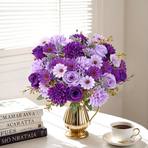 Dremisland Fake Flower Bouquets,2 Packs Silk Rose Daisy Bouquet Artificial Flower Arrangement Realistic Rose Bouquets for Centerpiece Table Wedding Party Bride Home Decor (Double Purple, 2 PCS) - color: Double Purple, size: 2PCS
