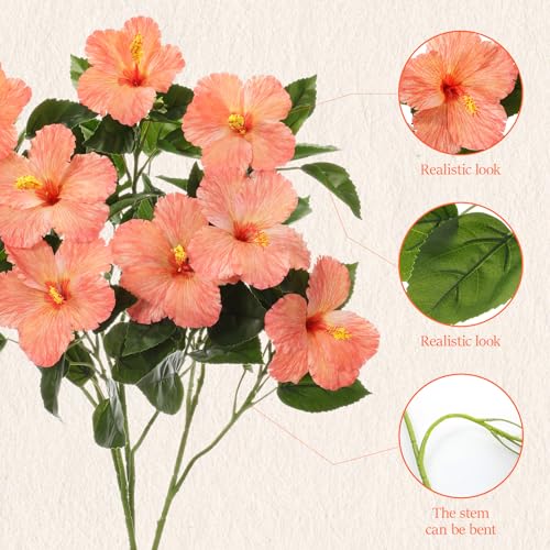 Hotop 3 Pack Artificial Hibiscus Flowers 33"x13" Silk & Plastic Tropical Bouquets Lifelike Blooms with Bendable Stems Faux Hawaiian Flowers for Home Living Room Wedding Patio (Orange) - color: Orange
