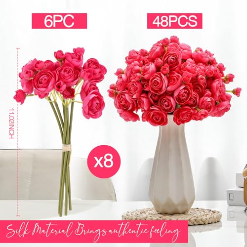 Giegxin 48 Pcs Ranunculus Artificial Flower,Real to Lifelike Peonies Artificial Flower Silk Faux DIY Bouquet for Wedding Bridal Shower Valentine Centerpieces Arrangements Home Decorations(Hot Pink) - color: Hot Pink