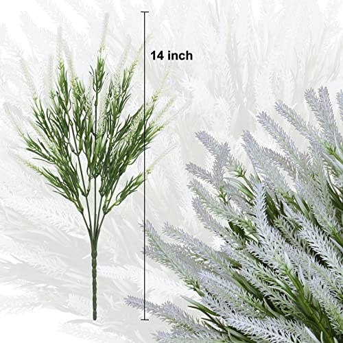 12 Bundles Fake Outdoor Flowers UV Resistant Plants Artificial Lavender Faux Plastic Shrubs Window Box Garden Porch Home Decor (White) - color: White