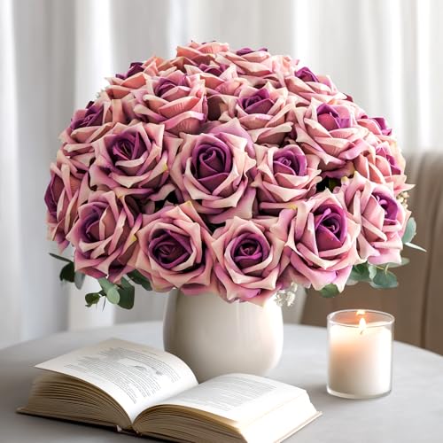 Ttranewsoo Fake Roses Faux Flowers Silk Roses Artificial Roses with Stems Realistic Artificial Flowers 24PCS Suitable for Indoor Home Decoration DIY Bouquet Wedding Decor Party Decor (Purple) 16.5In - color: Purple 24pcs