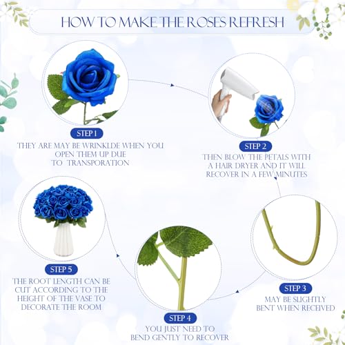 Hotop 80 Pcs Rose Artificial Flowers Bulk with Long Stem, Silk Roses Realistic Fake Flowers Bouquet for Wedding Table Centerpieces Bridal Shower Party Home Decorations (Blue) - color: Blue