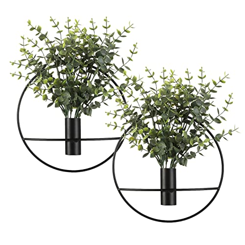 Pretty Jolly Wall Decor Metal Vase Decoration Holder, Mounted Artificial Flowers, Golden Fake Wheat 2 Pack, Art Artificial Greenery, Farmhouse, Boho - color: 08-greenery-eucalyptus - Black Ring, size: S 7.8inch (Black Ring)