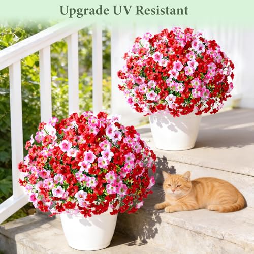 Artificial Flowers for Outdoors, 12 Bundles Mixed Color Artificial Petunias Fake Flowers for Outside, UV Resistant Realistic Silk Flowers for Decorations, Outdoor Faux Flowers Plants for Garden Porch - color: Mixed Red, size: 12 Pack