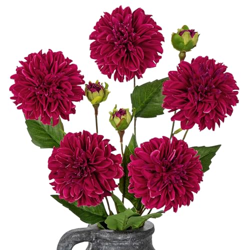 Hollyone Purple-Pink Dahlia Artificial Flowers 5Pcs Fake Dahlia Flowers for Decoration Silk Flower with Long Stem 17" Floral Arrangements Bouquets Indoors Outdoors Faux Dahlias Centerpieces Home Decor - color: Purple-pink