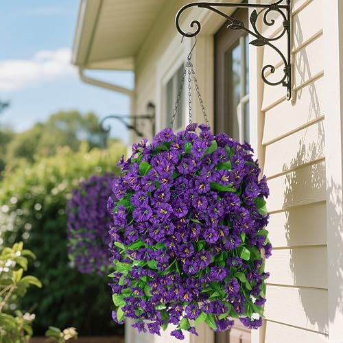 Ammyoo Artificial Faux Hanging Flowers Basket for Spring Summer Outdoor Porch Decor, Fake Silk Colorful Morning Glory Eucalyptus in Planter UV Resistant Look Real for Home Balcony Yard(Dark Purple) - color: Dark Purple