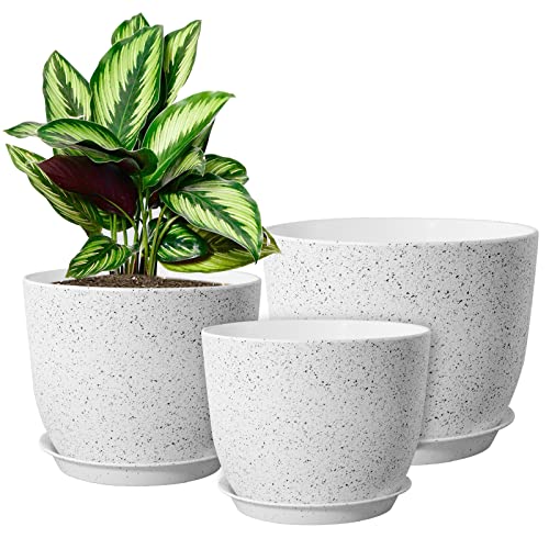 WOUSIWER Plant Pots 10/9/8 inch, Set of 3 Modern Decorative Plastic Planters with Drainage Holes and Saucers for House Plants Indoor Flowers Plants, White Speckles - color: White Speckles