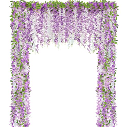 Thiccywoov 4pcs Wisteria Artificial Flowers Garland, 7.2Ft/Piece Wisteria Hanging Flowers Garland for Wedding Arch Decoration Outdoor Ceremony Home Backdrop Garden (Light Purple,Dark Purple,White) - color: Light Purple, Dark Purple, White