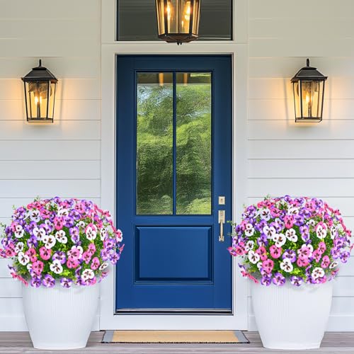 MARTINE MALL 18 Bundles Look Real Artificial Flowers for Outdoors, Realistic Fake Outdoor Flowers UV Resistant Silk Pansy Flower for Outside Faux Flower Plant for Outdoor Porch Yard, Pink+Purple+White - color: Pink+purple+white, size: 18 Bundles