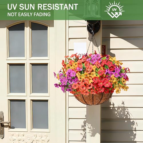 AGIRL 2 Set Artificial Hanging Flowers with Baskets for Outdoors,UV Resistant Fake Hanging Plants for Outdoor Porch Patio Garden, Realistic Silk Flowers for Spring Summer Home Decor - color: Red Purple Yellow Orange, size: 2PCS