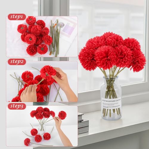 Rowfad 12 Pcs Artificial Chrysanthemums Flowers Silk Red Ball Flowers Fake Mums Flowers for Christmas Wedding Floral Table Centerpiece Home Decor (12, Red) - color: Red