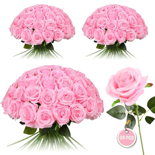 50PCS Artificial Silk Roses in Bulk & Bouquet Long Stem – Realistic Fake Roses for Wedding Centerpieces, Home Decor, Floral Arrangements, Party Decoration (Pink) - color: Pink, size: 50 Pcs