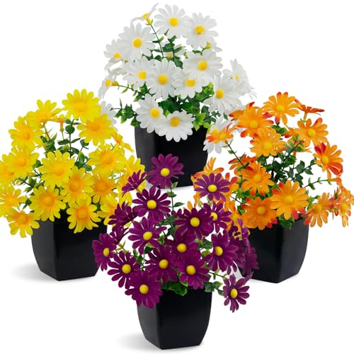 LOYWREE 4 Pack Small Faux Plants Spring Artificial Daisy Flowers Fake Plants Indoor Bathroom Accessories for Home Room Office Desk Decor(Black Square Pot) - color: Mums, size: Black Pot