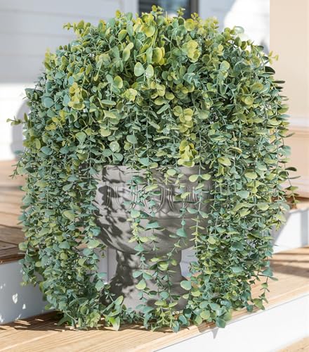 Faux Outdoor Plants Fake Hanging Plants for Outdoors Outside Decorations, 2 Pcs White Faux Eucalyptus Vines Realistic UV Resistant Artificial Greenery for Planters Porch Garden Yard Front Door Patio - color: Eucalyptus Vine-white