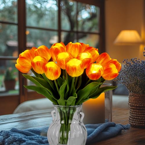HOMESEASONS 20 Stems LED Lighted Artificial Flowers Tulip Lamp Real Touch Tulips Faux Flower Lights for Valentine's Day and Easter Home Kitchen Wedding Dining Table Decor(Orange) - color: Orange