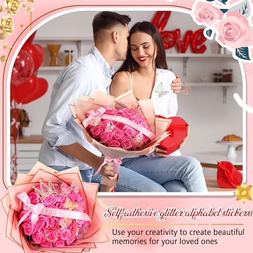 Thiccywoov Valentine Glitter Roses Bouquet (exclude Rose & Glue) DIY Roses with Glitter Powder Flower Wrapping Paper Letter Stickers Bags for Mothers Day Birthday Wedding Graduation Xmas Gifts(Pink) - color: Pink