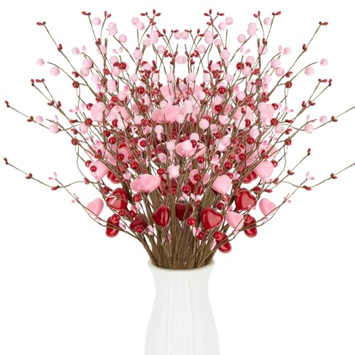 RAINFLOW 6PCS Artificial Red Berry Stems - 16.5" Heart Berry Picks for Vase, Mother's Day Floral Decor Anniversary Wedding Party Centerpieces Pink Spring Home Decor(No Vase)