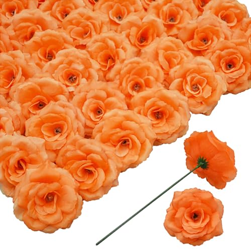 Rose Artificial Flowers, 50Pcs Orange Roses Head Flowers Bulk with Stem, 3 Inches Silk Rose Fake Flower Head for Wedding Party Home Decor DIY Baby Shower Centerpieces Tables Decoration(Deep Orange) - color: Deep Orange