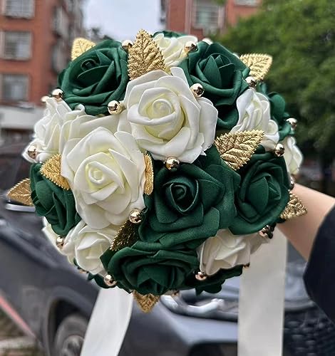 Handmade Wedding Bouquet Artificial PE Rose Bridal Bridesmaid Bouquet with Soft Ribbons Wedding Hand Holding Bouquet Artificial Fake Flowers Toss Bouquet(A-Emerald Green & Ivory, 6.7"/17cm) - color: A-emerald Green & Ivory, size: 6.7"/17cm