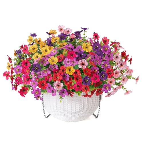 HyeFlora Artificial Faux Hanging Flowers Plants Basket for Outdoor Outside Decoration, Fake Silk Colorful Daisy in Planter for Porch Patio Garden Yard Home - color: 6 Multicolor