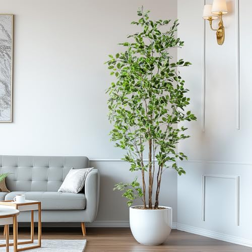 Bailikang Artificial Ficus Tree Indoor 8ft, Large Potted Faux Tree with Realistic Silk Leaves & Trunk for Home Office, Living Room Corner Decor - color: White Green, size: 8ft